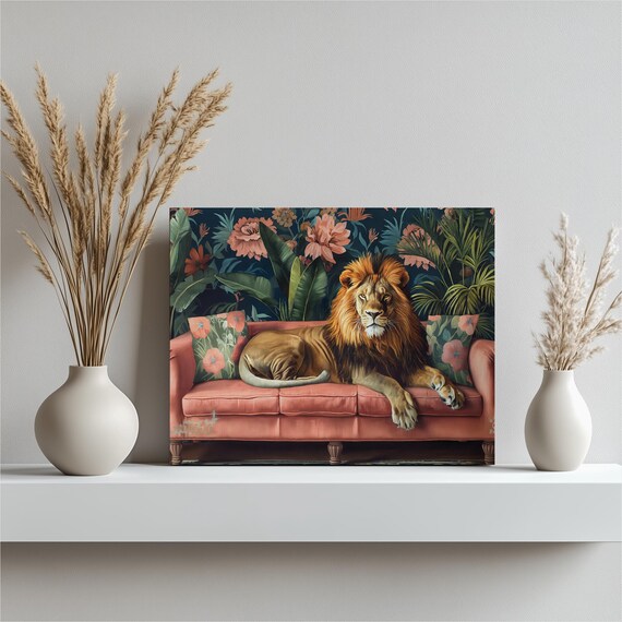 Majestic Lion Resting On Coral Pink Sofa In Lush Tropical Jungle Print