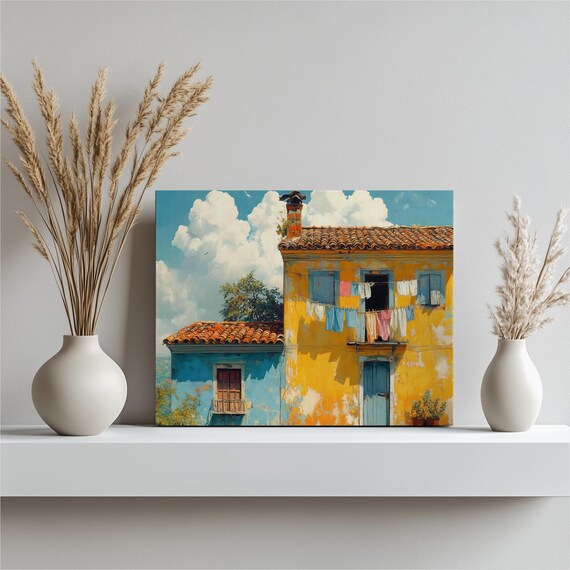 Colorful Mediterranean Houses Poster Terracotta Roof Sunny Village Art