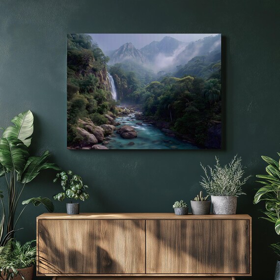 Tropical Jungle Waterfall Wall Art Misty Mountain River Landscape Scene