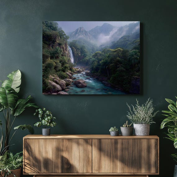 Tropical Waterfall Landscape Canvas Wall Art Vibrant Jungle Nature Print Lush Greenery Mountain Painting Decor