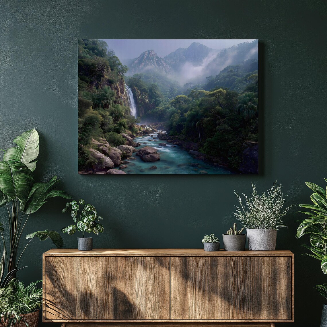 Tropical Jungle Waterfall Wall Art Misty Mountain River Landscape Scene