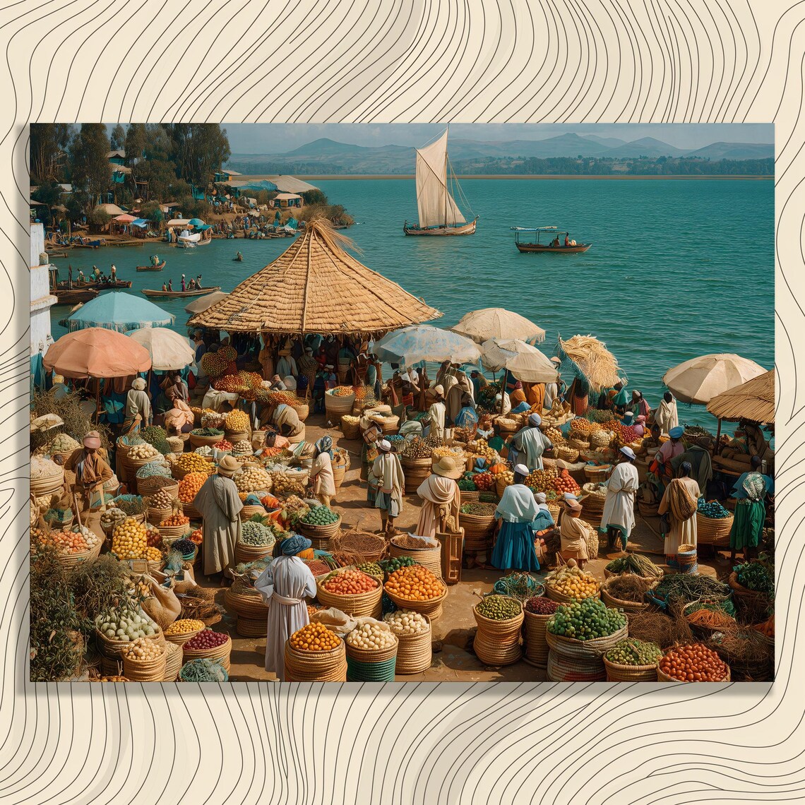 Colorful Lakeside Market Baskets Sailboat Umbrellas Waterfront Art Print