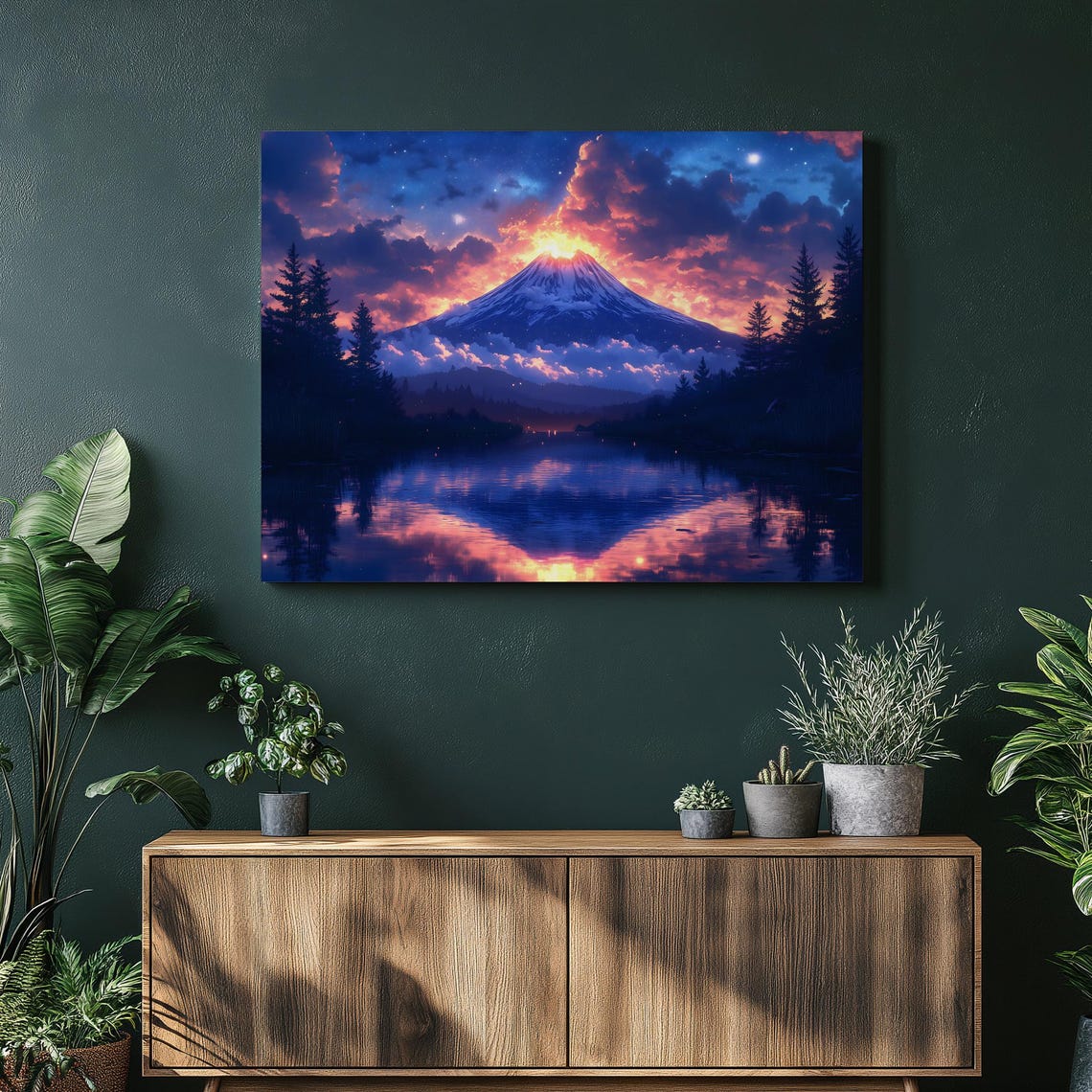 Glowing Volcano Night Starry Sky Lake Reflection Landscape Wall Art