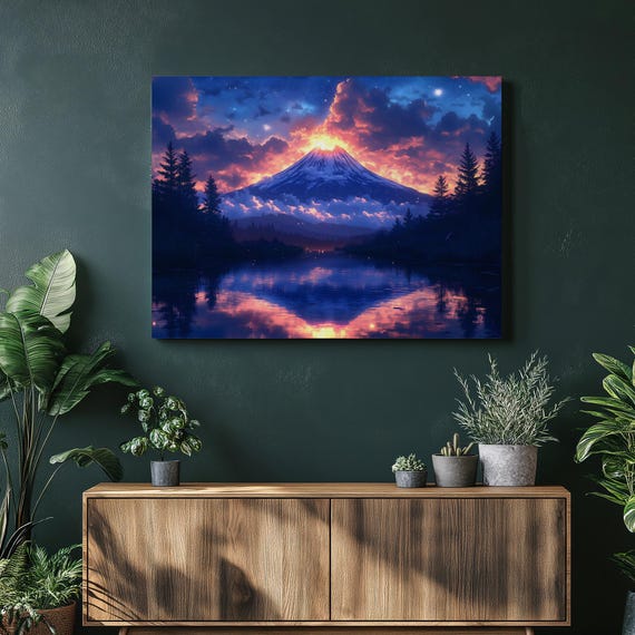 Glowing Volcano Night Starry Sky Lake Reflection Landscape Wall Art