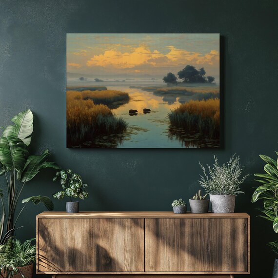 Hippo Marsh Sunrise Canvas Wall Art Luminism Inspired Wetland Wildlife Painting Reflective Water Scenery Golden Traditional Nature Print