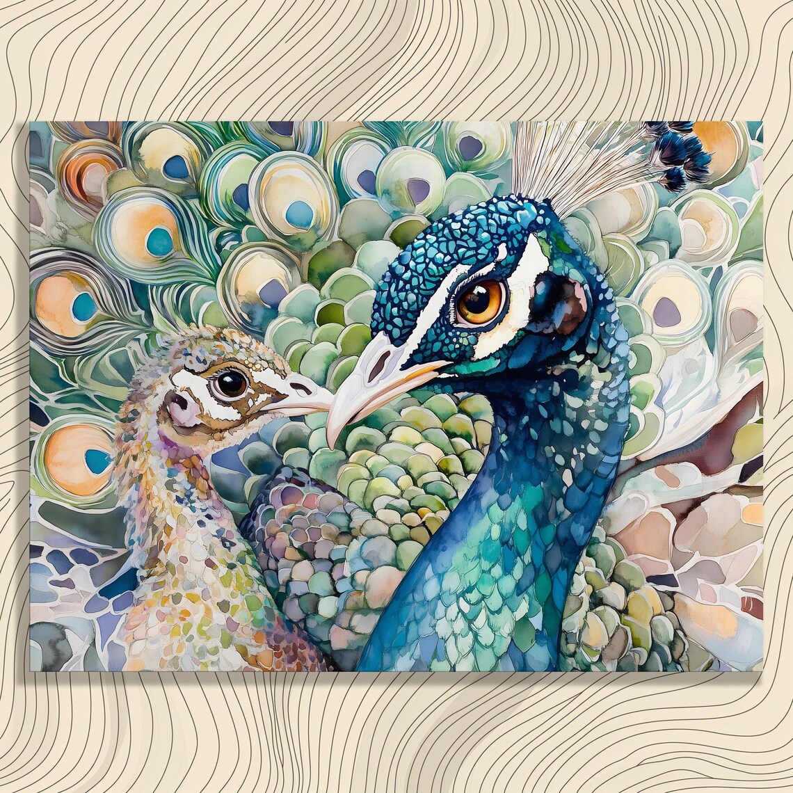 Peacock Pair Watercolor Wall Art Vibrant Peahen Closeup Feather Detail