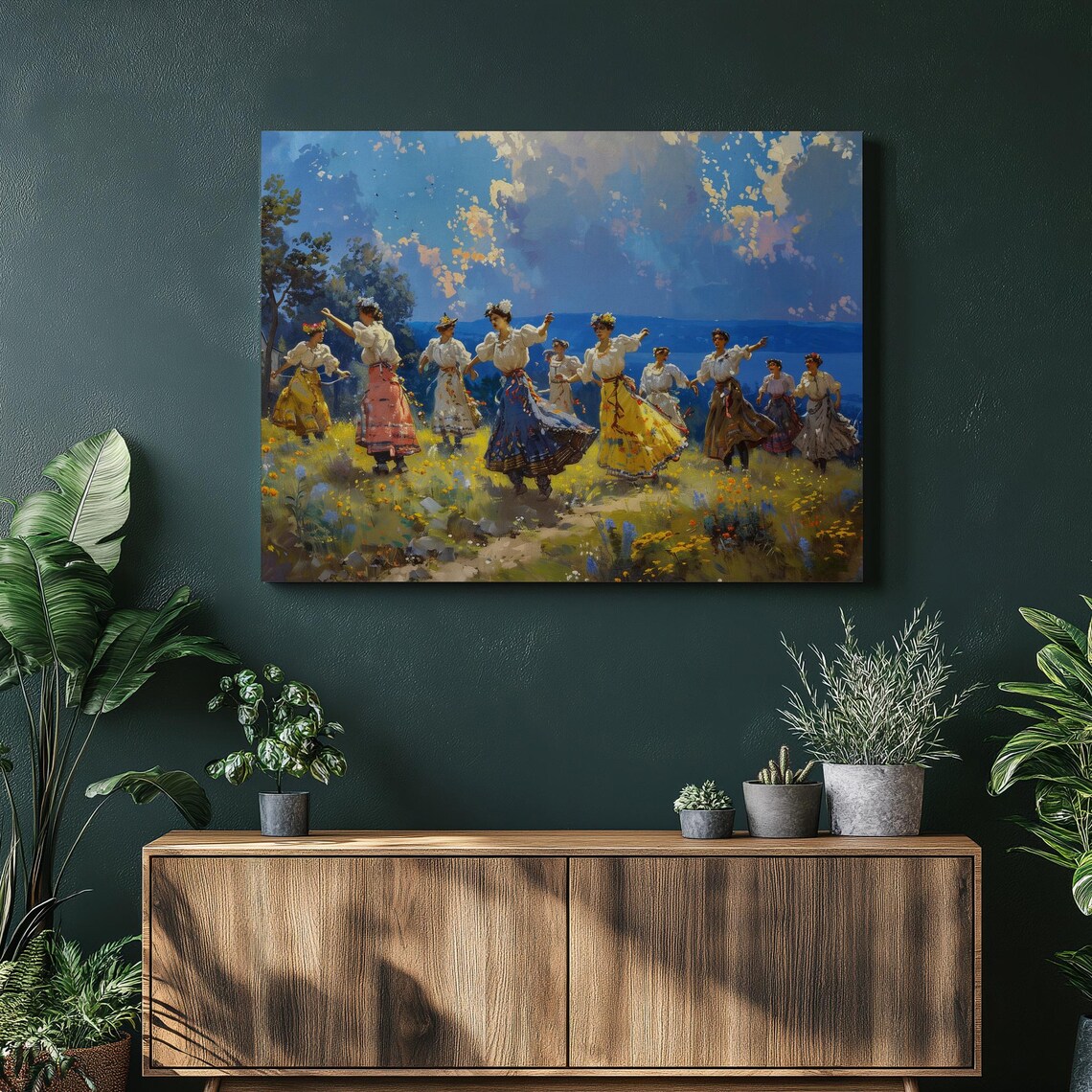 Folk Dancers Colorful Skirts Meadow Summer Celebration Art Poster