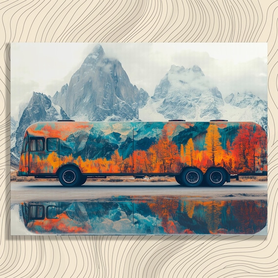 Colorful Painted Camper Bus Mountain Art Travel Road Trip Decor Print