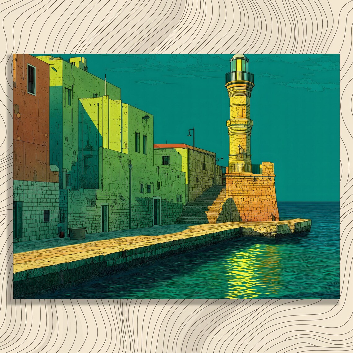Mediterranean Harbor Lighthouse Golden Buildings Turquoise Sea Poster