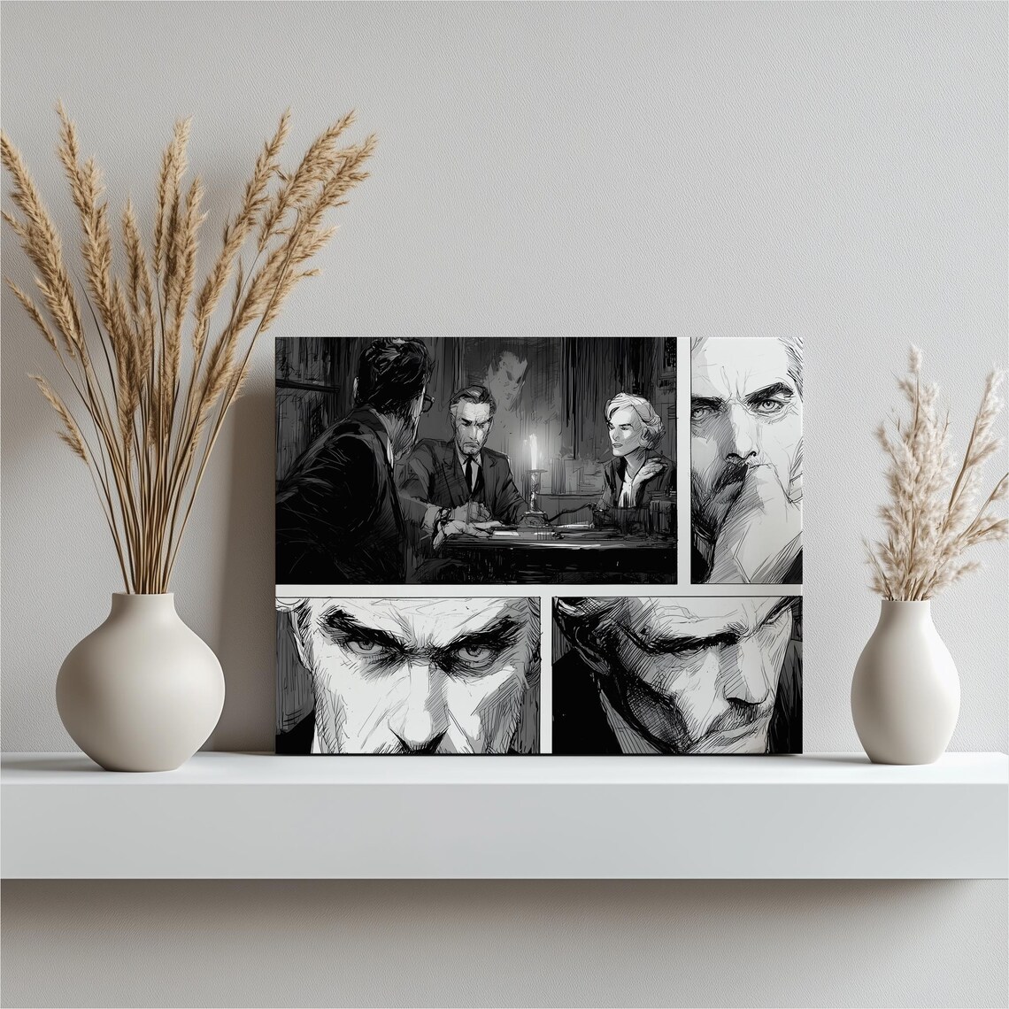 Black And White Detective Noir Comic Panels Suspense Wall Art