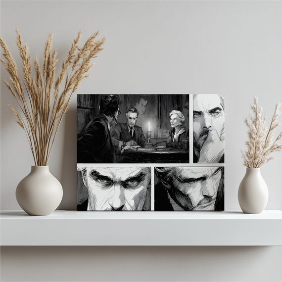 Detective Suspense Panels Canvas Wall Art Black And White Crime Meeting Illustration
