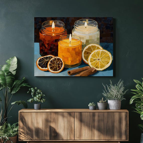 Colorful Still Life Canvas Wall Art Jar Candles With Dried Citrus Slices Cinnamon Bark Rustic Farmhouse Decor Print Painting Gift