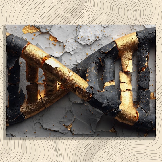 Black And Gold Abstract Sculpture Cracked Stone Modern Wall Art