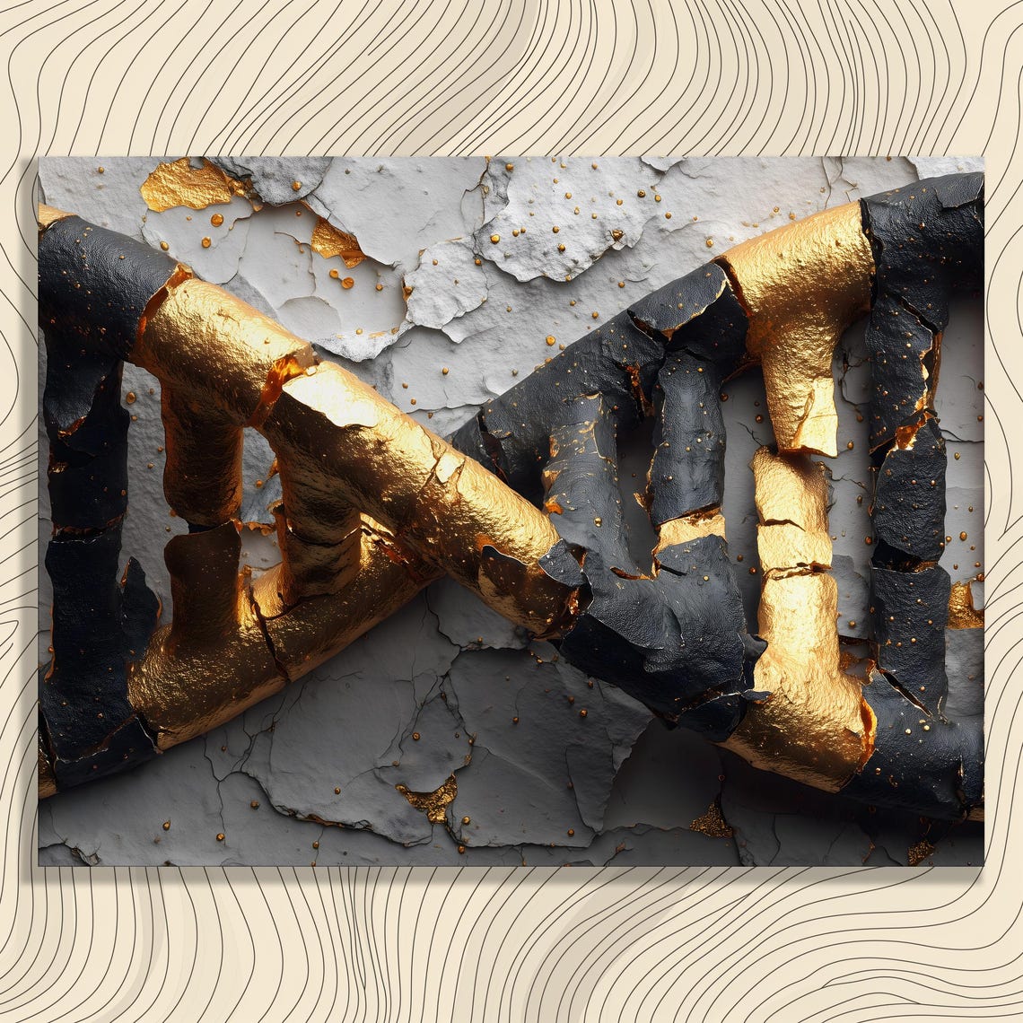 Black And Gold Abstract Sculpture Cracked Stone Modern Wall Art
