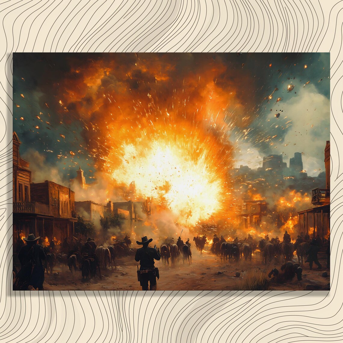 Fiery Western Explosion Cowboys and Horses Vintage Frontier Art Print