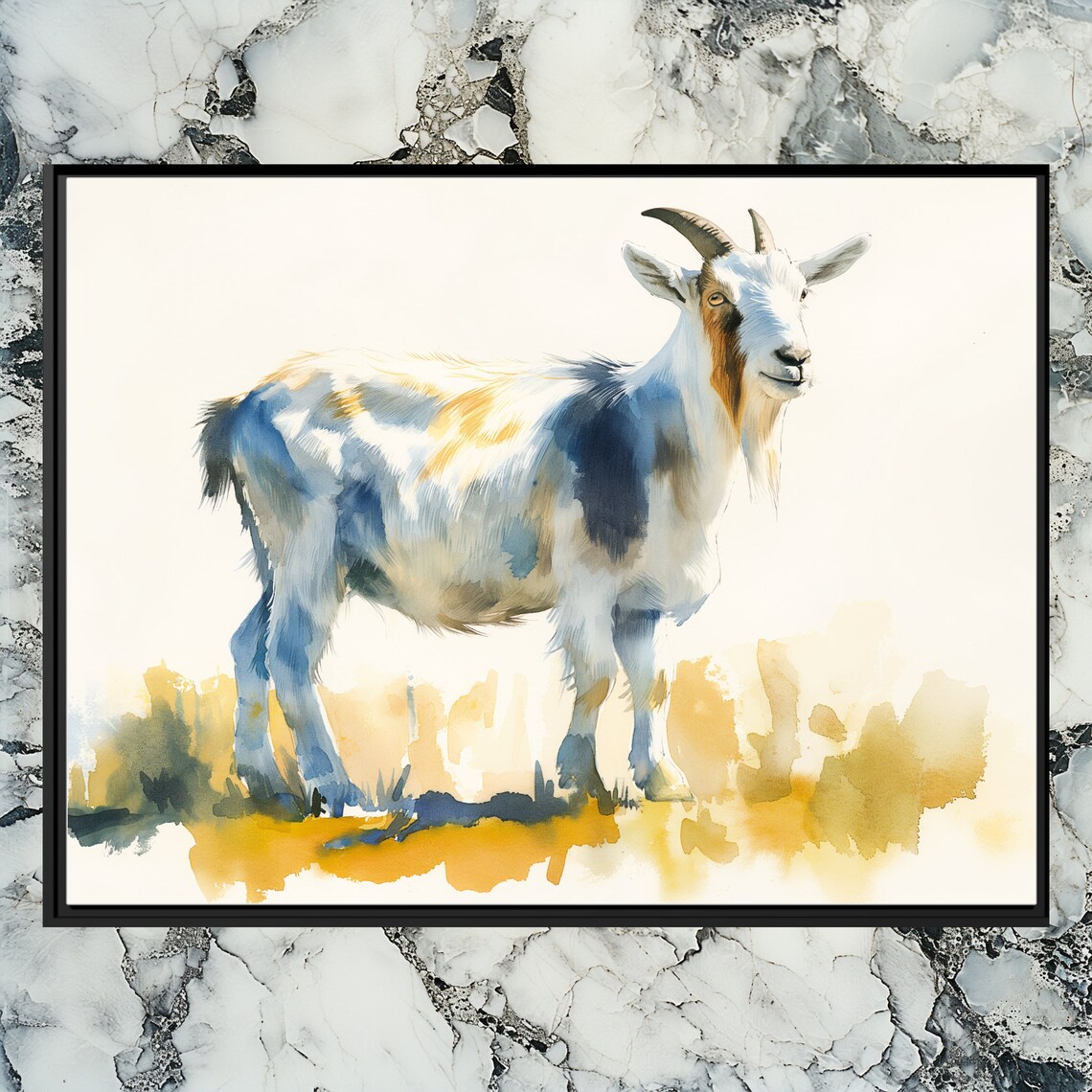 Goat Watercolor Farm Animal Portrait Rustic Blue Gold Wildlife Poster