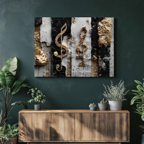 Abstract Music Canvas Wall Art Gold Leaf Treble Clef Print Textured Black And White Mixed Media Modern Decor Painting