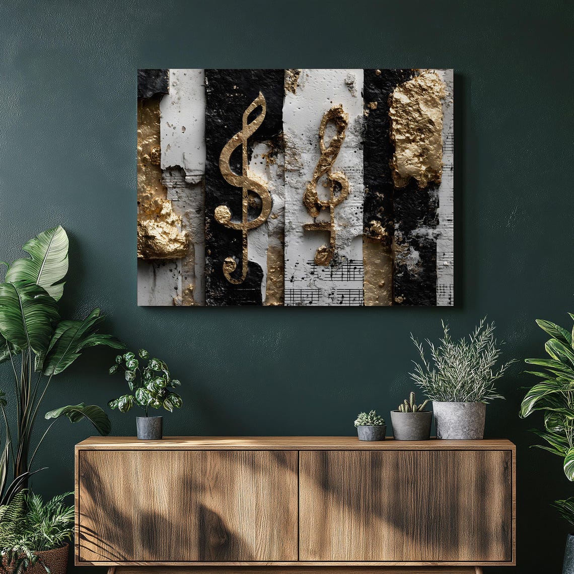 Gold Leaf Treble Clef Abstract Music Notes Textured Canvas Art Poster