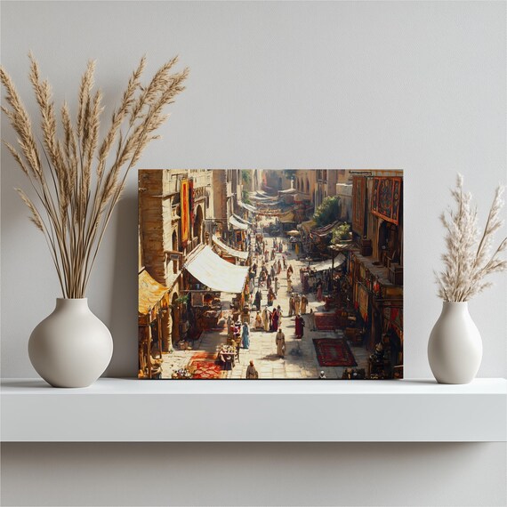 Bustling Historic Old Market Street Bazaar Crowd Scene Poster