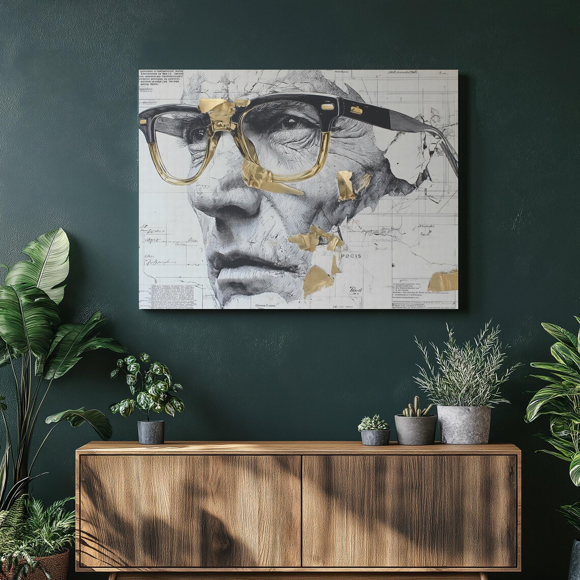 Elderly Man With Glasses Ink Blueprint Portrait Gold Leaf Poster