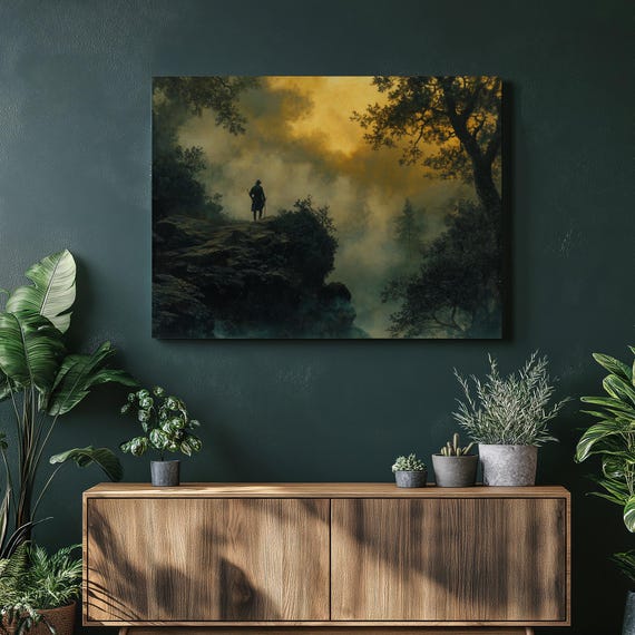 Hunting Canvas Wall Art Misty Forest Painting Nature Decor Stealthy Wildlife Print Rustic Green Hanging Theme For Bedroom