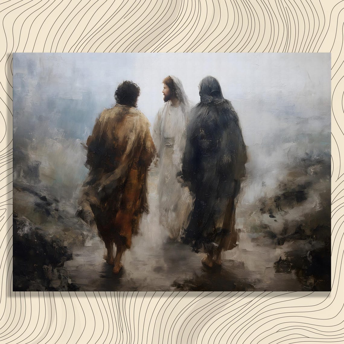 Road To Emmaus Jesus and Disciples Misty Road Biblical Painting Poster