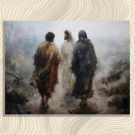 Biblical Travelers Canvas Wall Art Misty Road To Emmaus Scene With Three Figures In Textured Oil Style