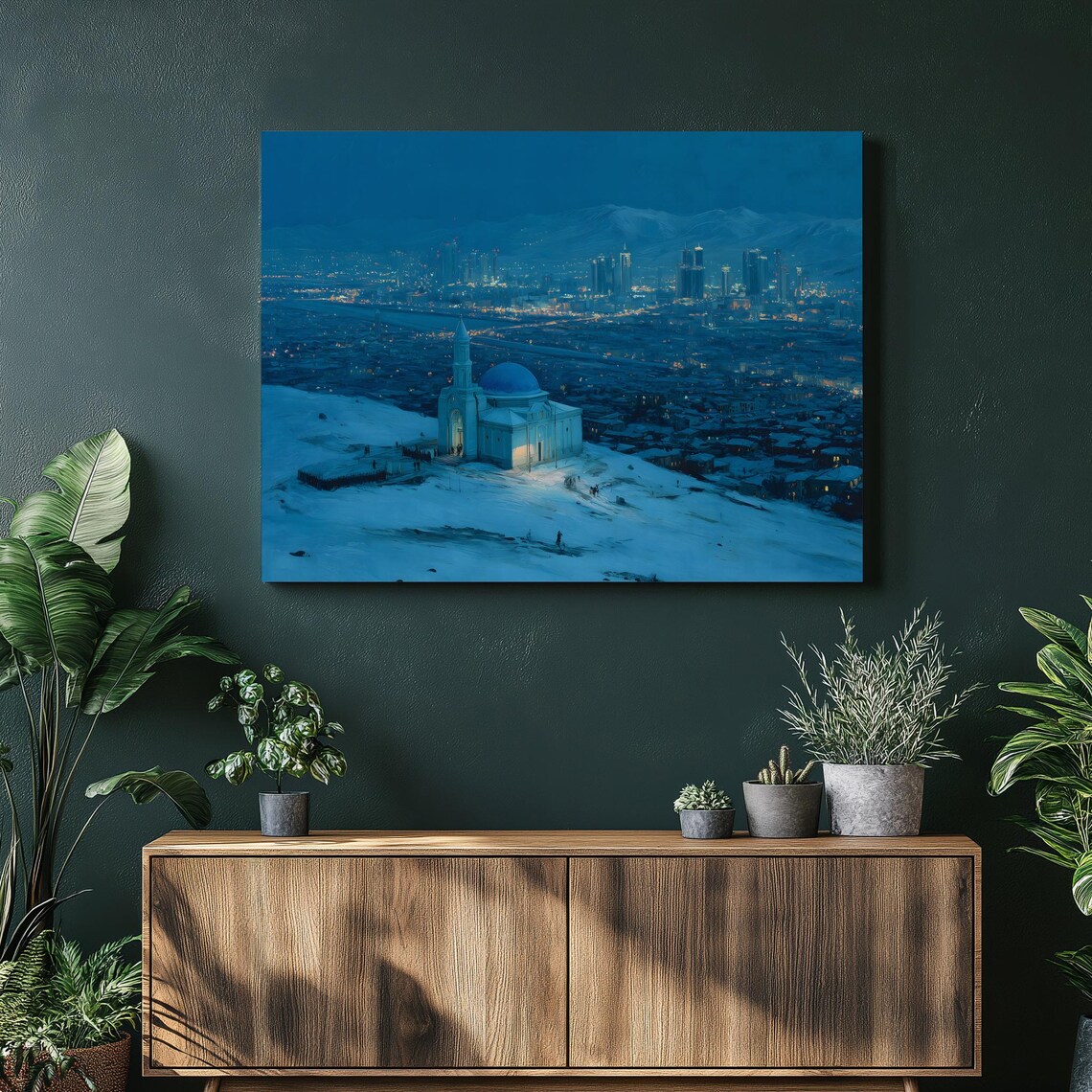 Snowy Blue Domed Temple Night City Lights Winter Painting Poster