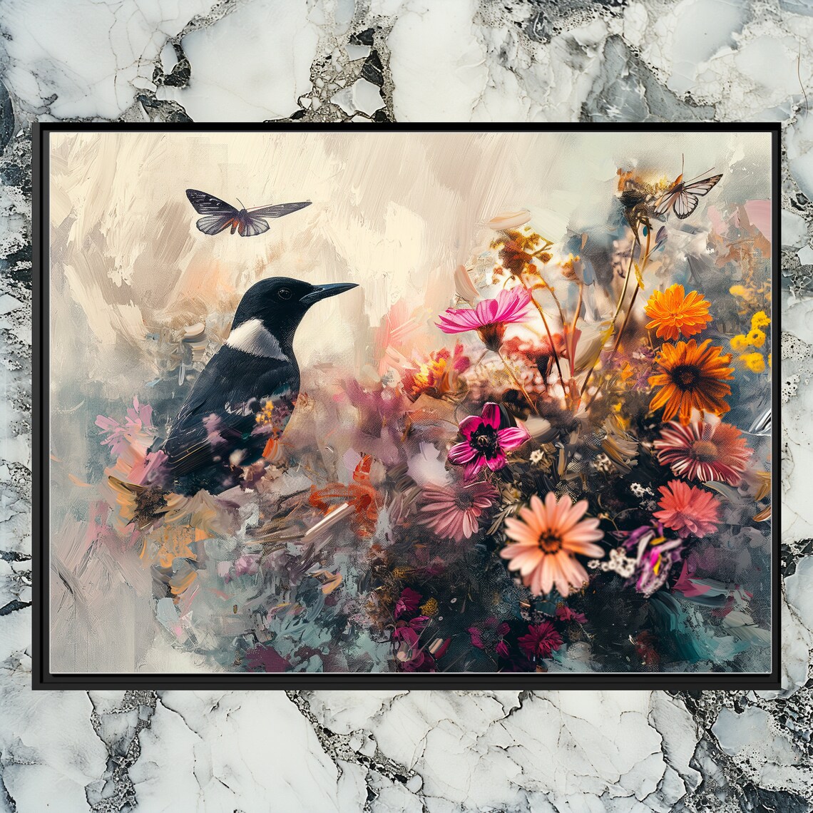 Blackbird Canvas Wall Art Beautiful Artwork Featuring A Holding Flowers With Colorful Abstract Background