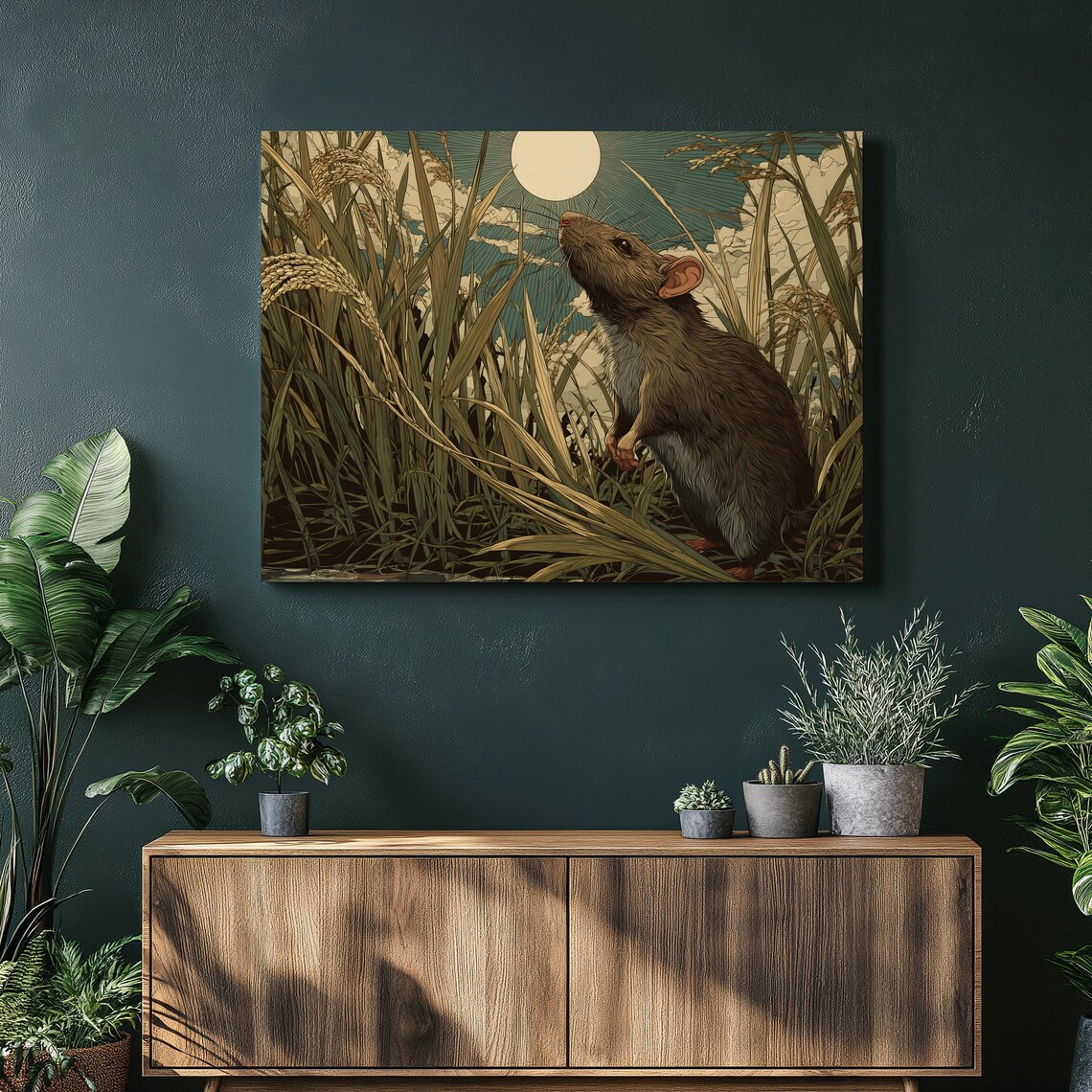 Rat in Moonlit Rice Field Marsh Wildlife Nature Night Art Poster