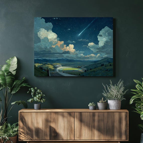 Starry Stadium Night Canvas Wall Art Meteor Shower Comet Landscape Racing Track Celestial Decor Colorful Sky Mountains Print