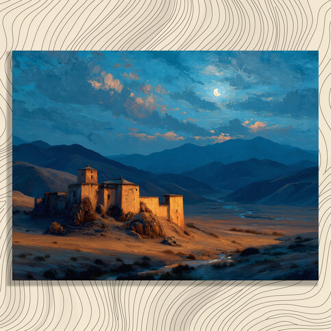 Moonlit Desert Castle Night Sky Painting Mountain Art Poster