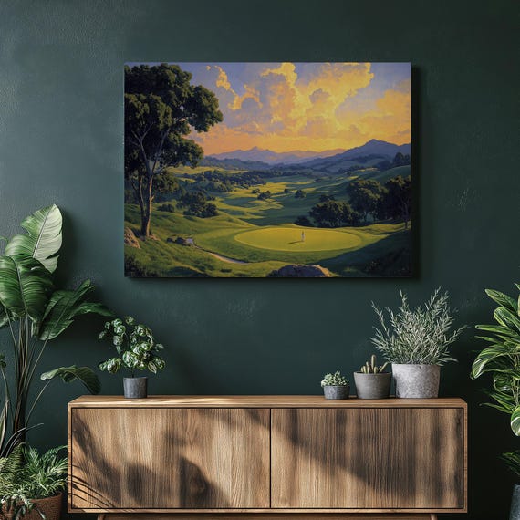 Serene Golf Canvas Art Modern Landscape Wall Decor With Colorful Sunrise Sky For Enthusiasts Nature Lovers