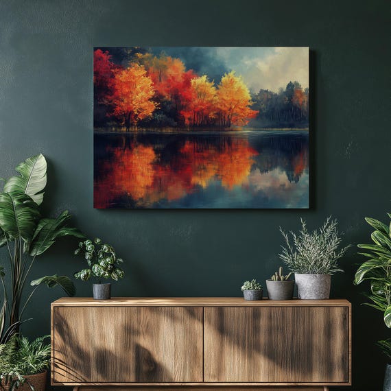 Blazing Autumn Lake Reflections Fall Foliage Landscape Wall Art