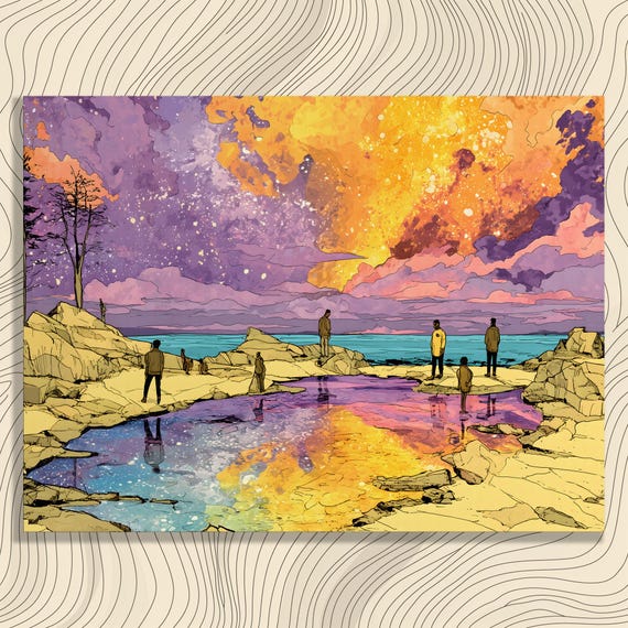 Surreal Cosmic Sunset Tide Pool Rocky Shore Stargazers Print