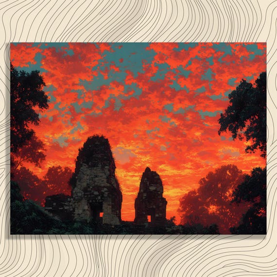 Sunset Jungle Ruins Canvas Wall Art Ancient Temple Landscape Print Tropical Painting Nature Decor Colorful Gift