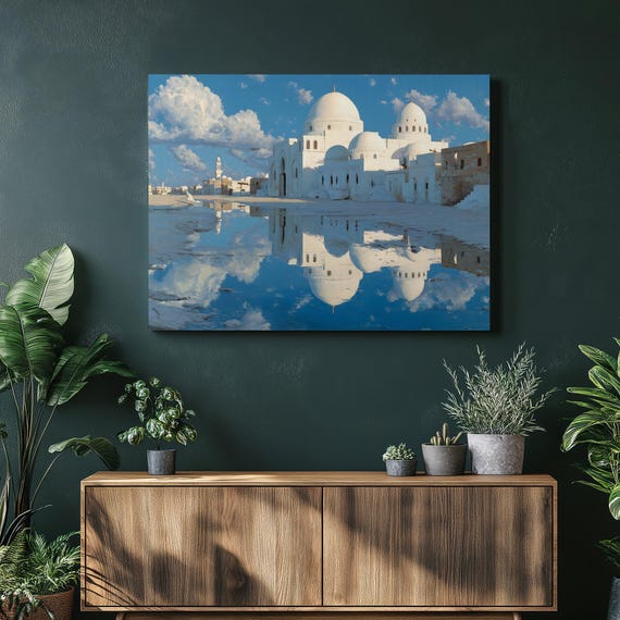 Serene Mosque Canvas Wall Art Blue Sky Clouds Reflections In Water Minarets Contemporary Islamic Print Gallery Wrapped Gift