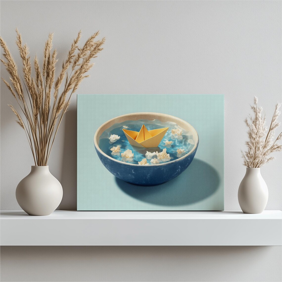 Origami Paper Boat Floating in Blue Bowl Whimsical Still Life Poster