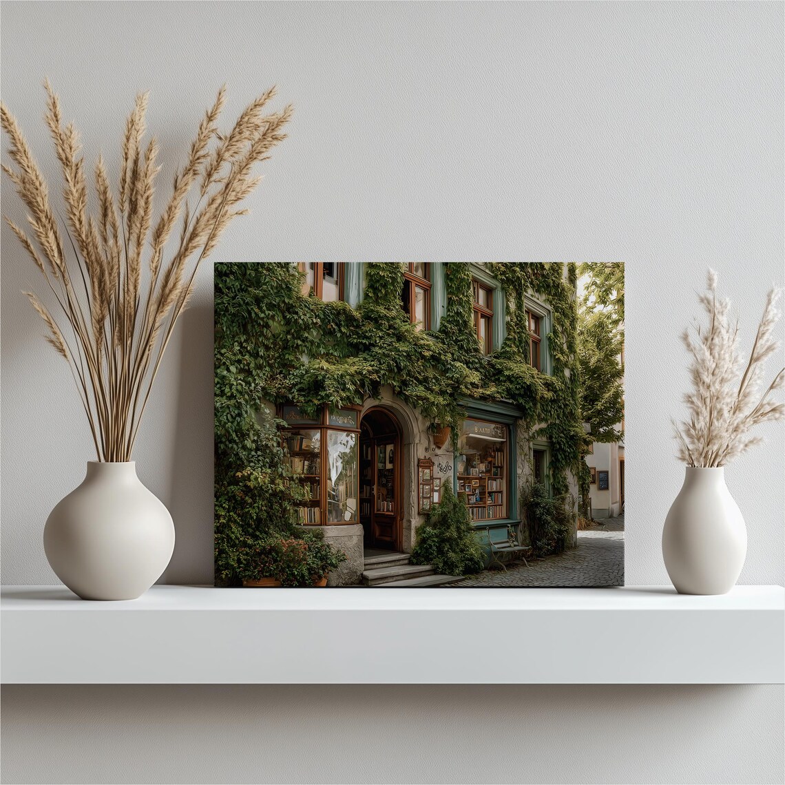Ivy Covered Bookshop Cobblestone Street European Cafe Style Art Poster