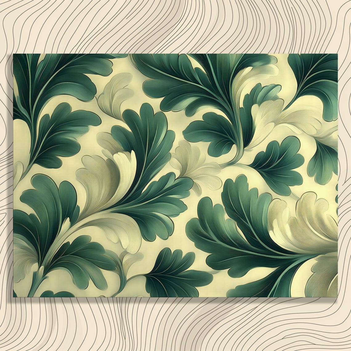 Leaf Pattern Canvas Wall Art Green Botanical Print Organic Foliage Artwork Nouveau Floral Vintage Style Beige Leaves