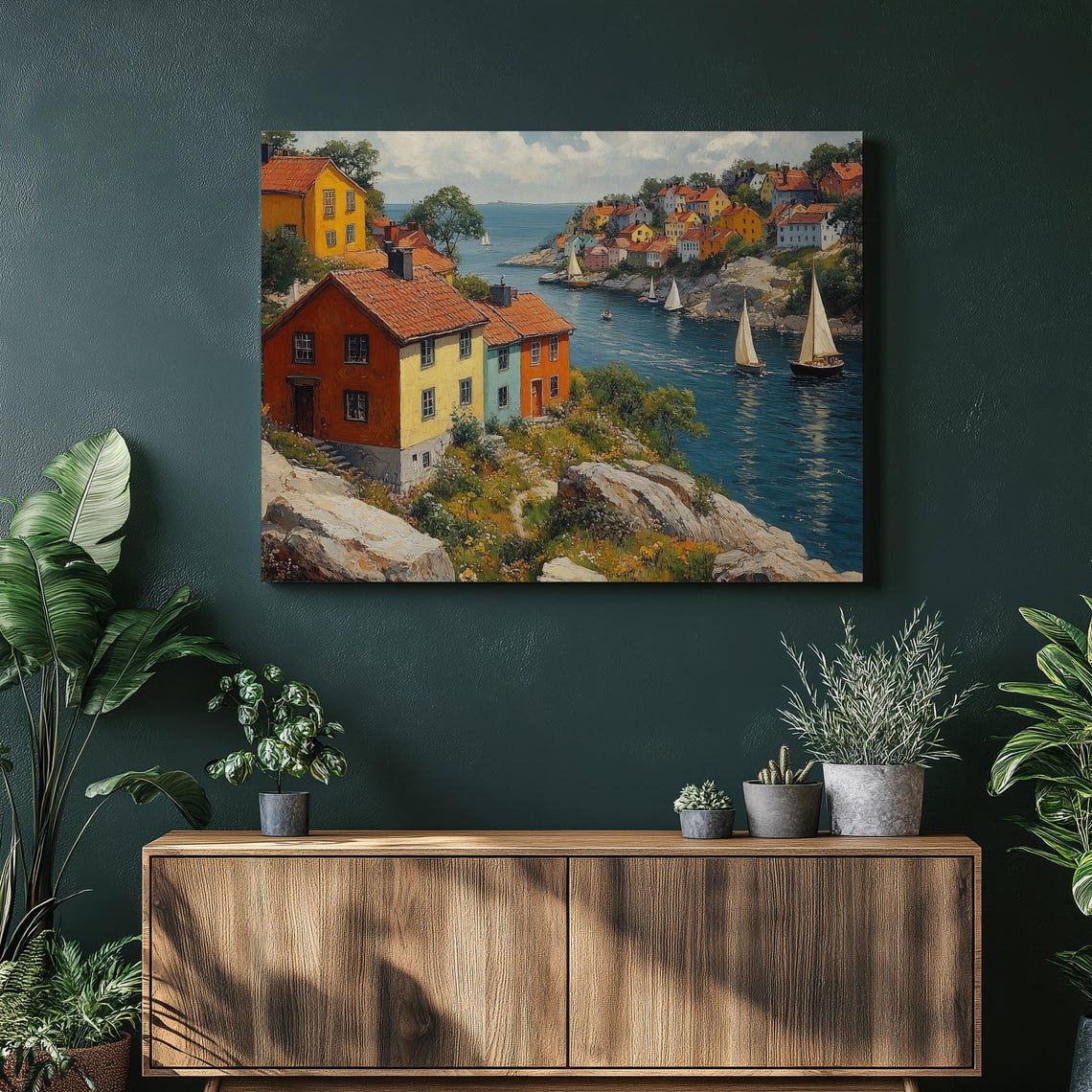 Sweden Canvas Wall Art Print Colorful Coastal Painting Of Stockholm Archipelago Houses And Sailboats Beach Decor Gift For Lovers