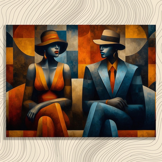 Stylish Cubist Couple Portrait Orange Blue Geometric Jazz Art Poster
