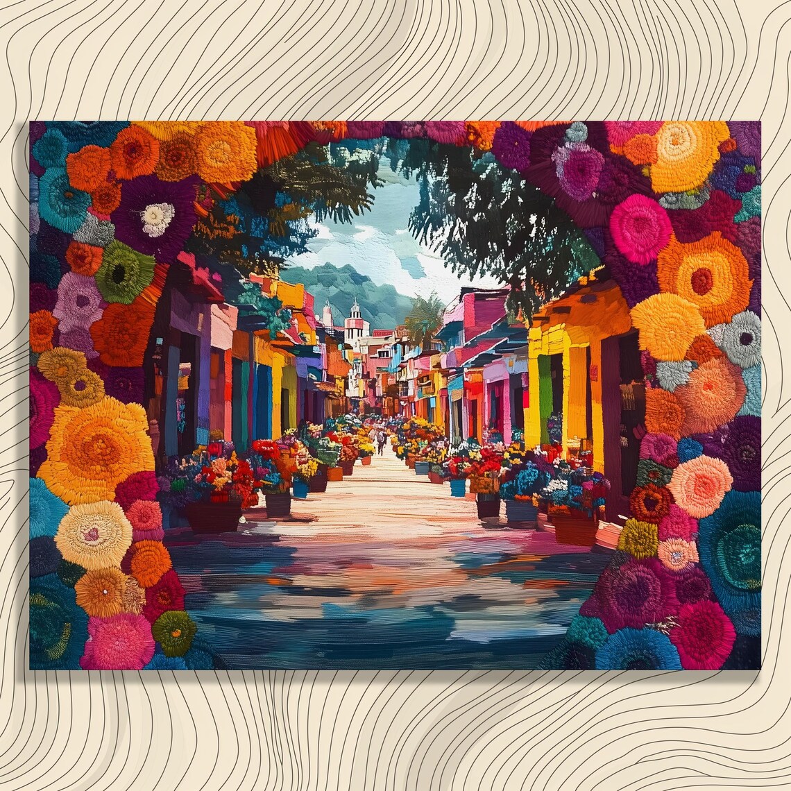 Vibrant Floral Archway Over Colorful Street Market Lively Art Poster