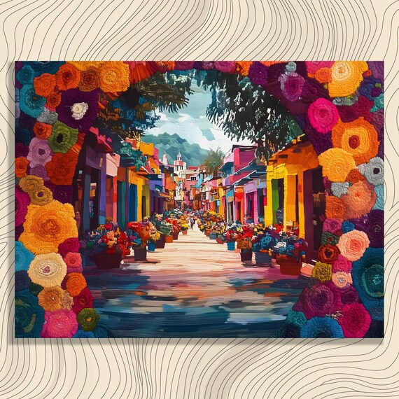Vibrant Floral Archway Over Colorful Street Market Lively Art Poster
