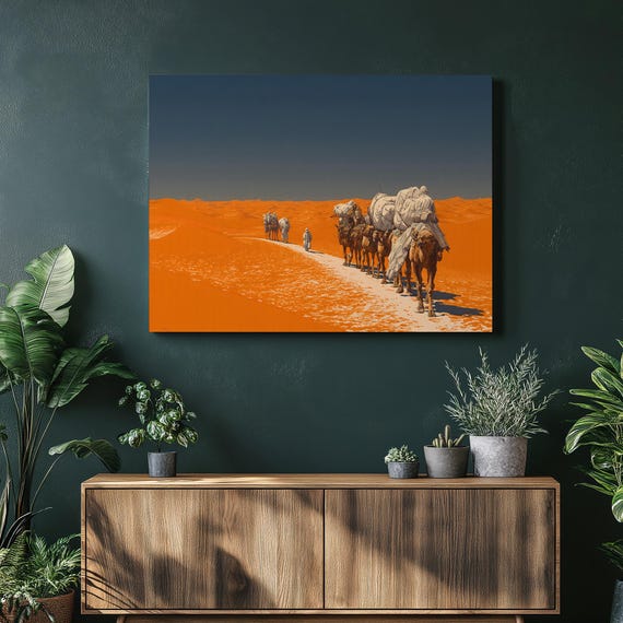 Sahara Camel Caravan Canvas Wall Art Sand Dunes Illustration Modern Desert Landscape Orange Blue Decor Travel Inspired Gift Print