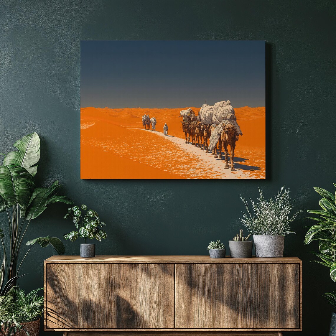 Sahara Desert Camel Caravan Orange Sand Dunes Adventure Art Poster
