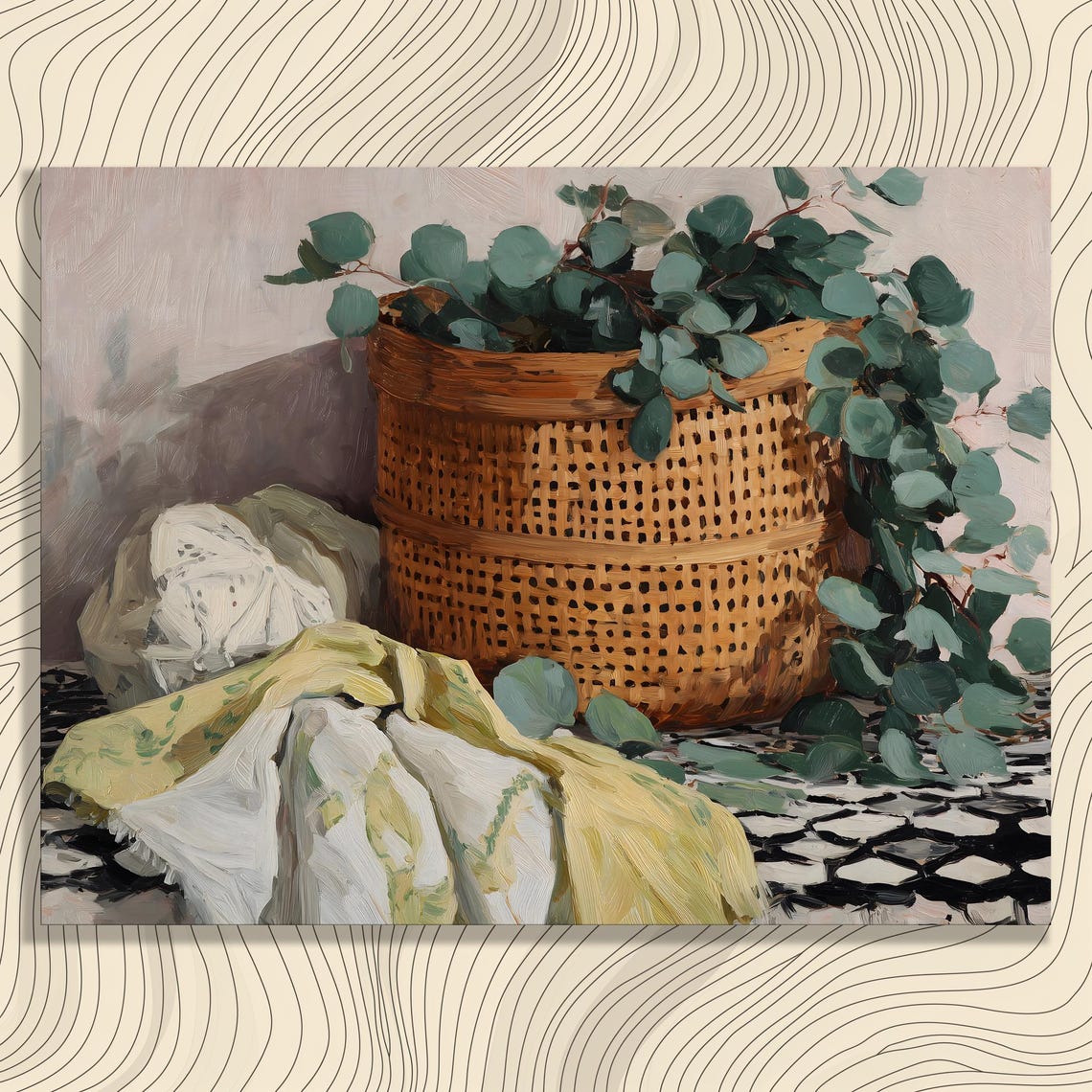 Eucalyptus Still Life Canvas Wall Art Wicker Basket Print Greenery Botanical Decor Rustic Farmhouse Traditional Country Style