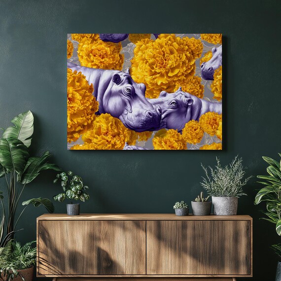 Purple Hippos among Giant Yellow Marigolds Surreal Art Poster