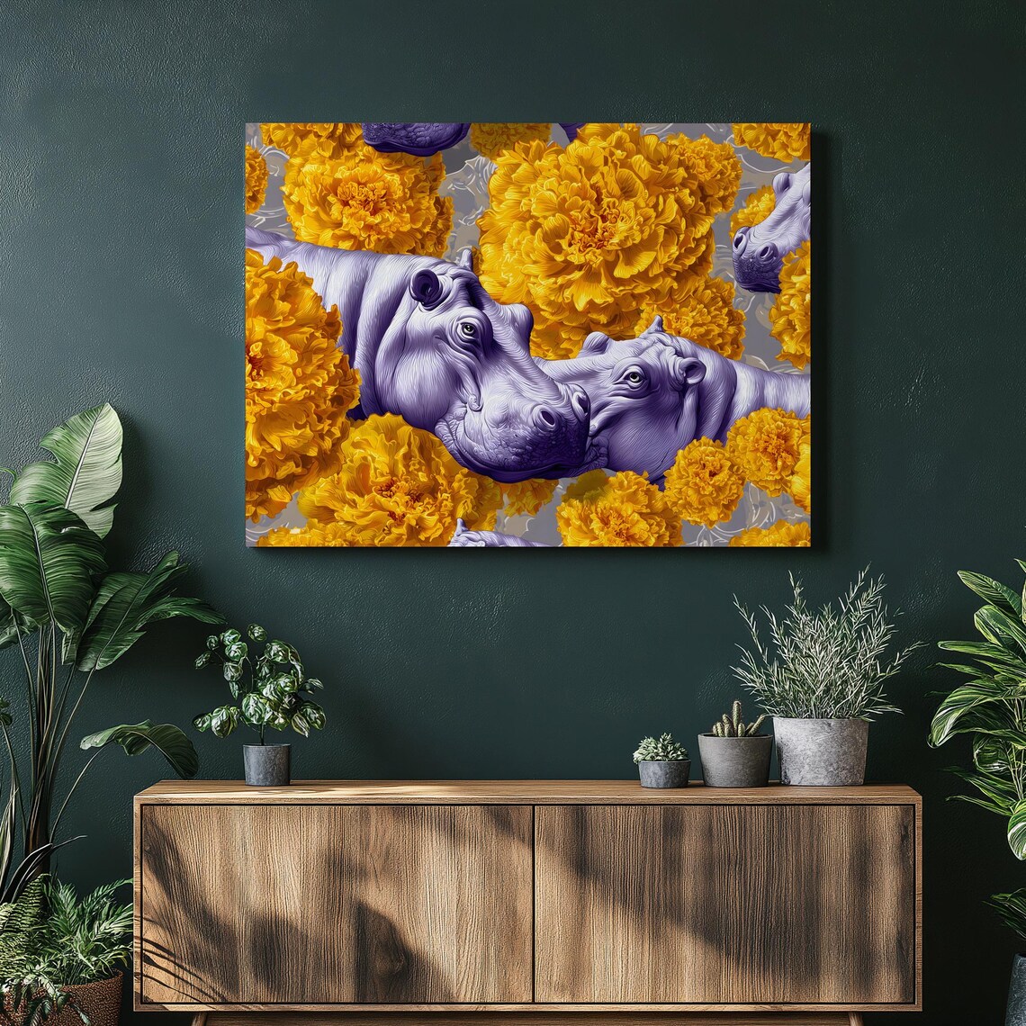 Purple Hippos among Giant Yellow Marigolds Surreal Art Poster