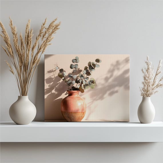Eucalyptus Vase Minimal Canvas Wall Art Neutral Botanical Print Terracotta Ceramic Modern Still Life Home Accent